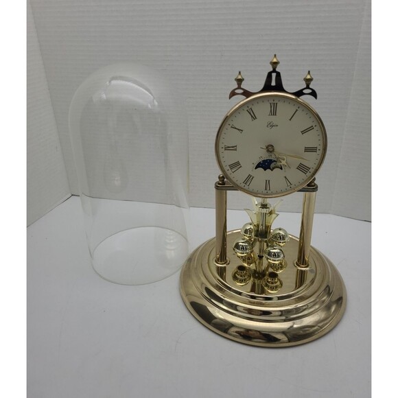 Elgin Moon Phase Desk Mantle Clock Quartz Glass Brass Dome 11" Parts - Picture 3 of 10